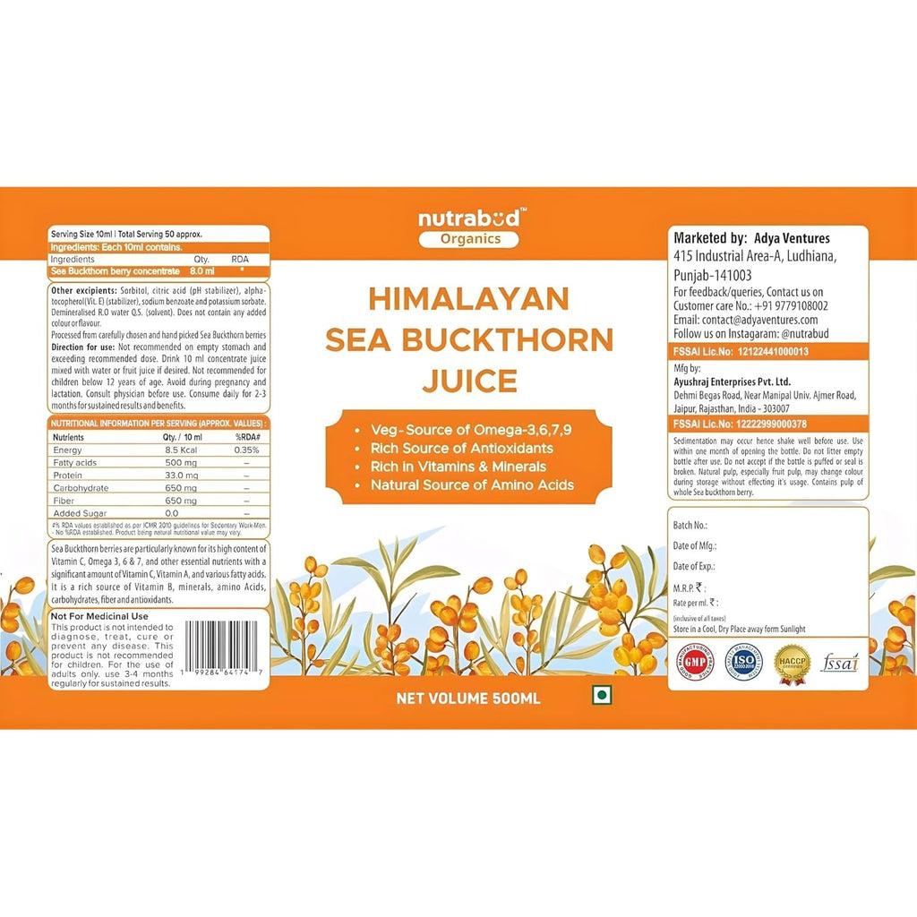 Nutrabud Organics Himalayan Sea Buckthorn Berry Juice - 500 ml - Natural Source of Vitamin C, Omega 3 6 7 9, Antioxidants For Immunity, Skin Glow & Gut Health - 50 Glasses (500ml (Pack of 1))