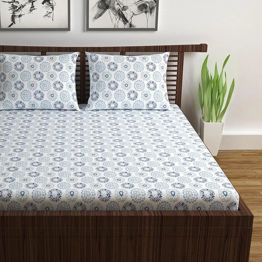 Divine Casa 144 TC 100% Cotton Bedsheet for Double Bed with 2 Pillow Cover Colour Blue Beige