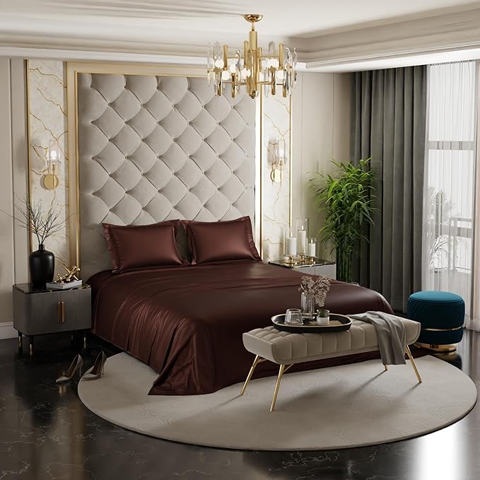 Stoa Paris Satin Bedsheets for King Size Bed 300TC Premium Bedsheet with 2 Pillow Cover Colour Hot Chocolate