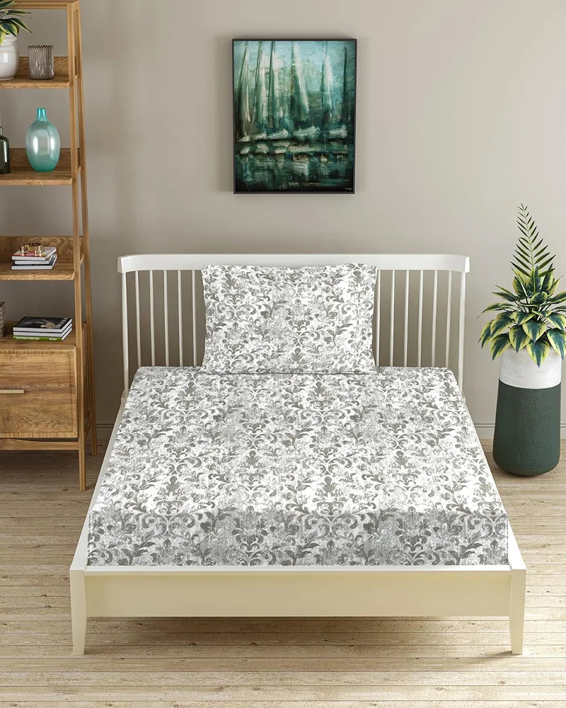Trance Home Linen 180Tc 100% Cotton 78"X36" Single Size Elastic Fitted Bedsheet Printed With 1 Pillow Cover Colour Royal Green Grey