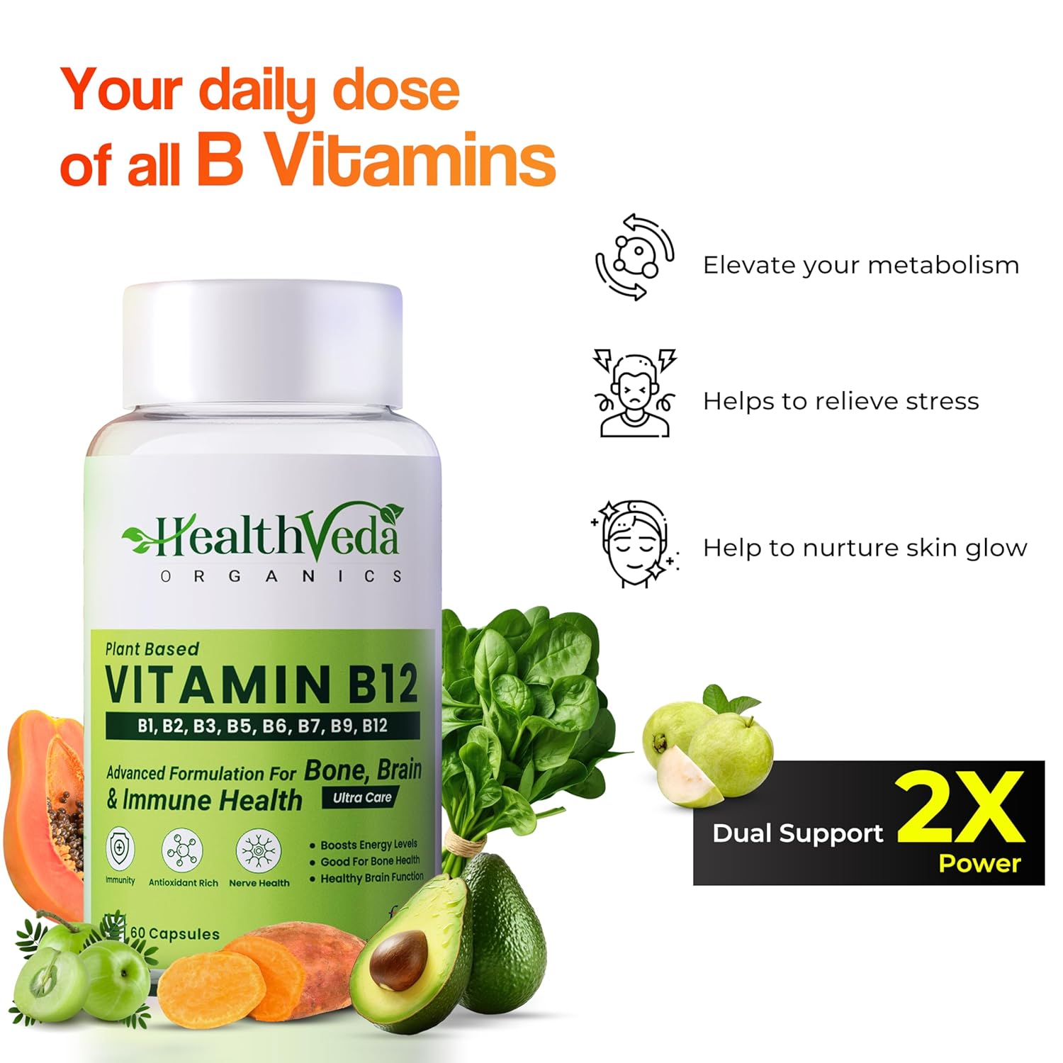 HEALTH VEDA ORGANICS PRIVATE LIMITED Plant Based Vitamin B12 Supplement, 60 Veg Capsules, B1, B2, B3, B5, B6, B7, B9, Moringa, Good For Digestion And Nerve Health, Glowing Skin For Men & Women