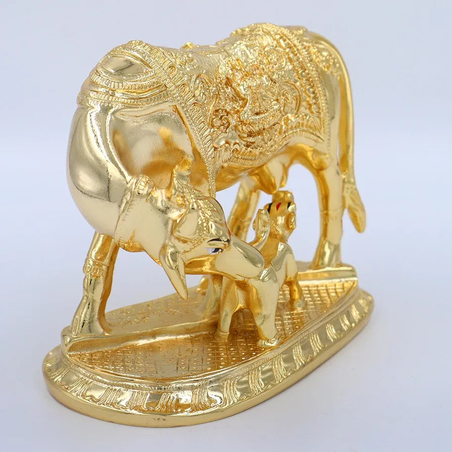 Jaipur Ace Kamdhenu Cow With Calf Statue Standard Size Golden Big Golden Cow
