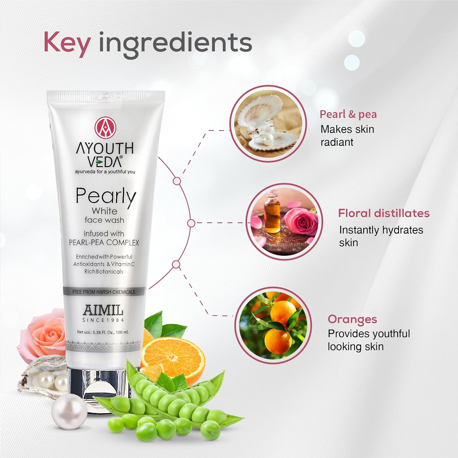 Ayouthveda Pearly White Face Wash | Skin Brightening Cleanser for Men & Women | With Antioxidants & Vitamin C | For Normal & Oily Skin | 100ml (Pack of 1)