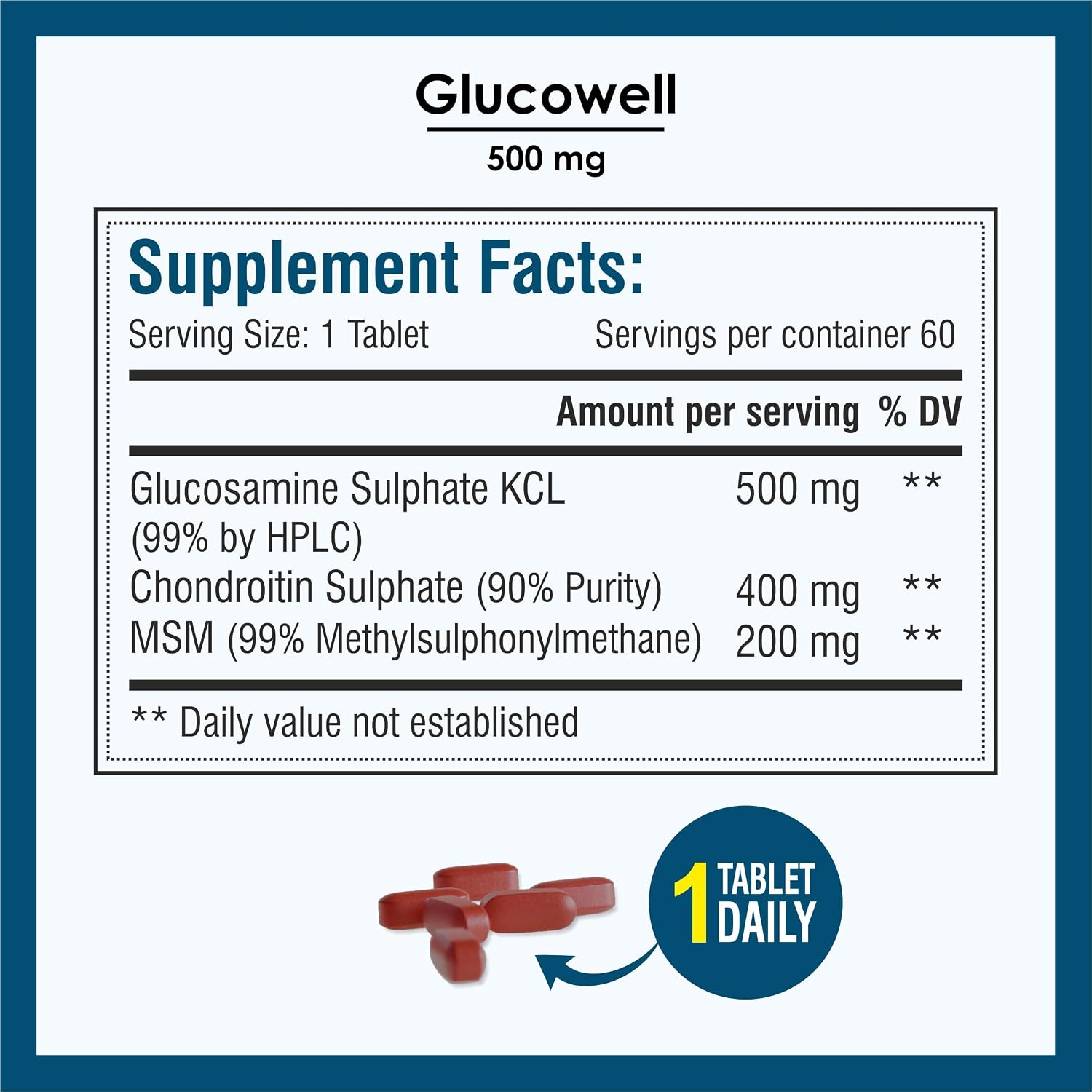 Biotrex Nutraceuticals Glucowell 500mg | Glucosamine, MSM & Chondroitin Supplement | Cartilage, Joint & Bone Health | 60 Tablets (Pack of 1)