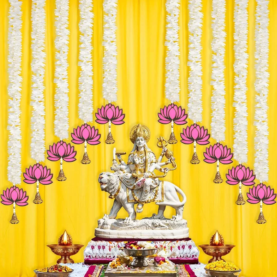 Handmade 10 Pcs Artificial Mogra Garland with Lotus Hanging for Decoration White Flower Strings 2.5 Feet Length