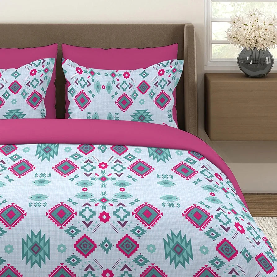 Layers Basicx Cotton Bedsheet Set for All Seasons Lightweight 120 TC Queen Size Blue Geometric