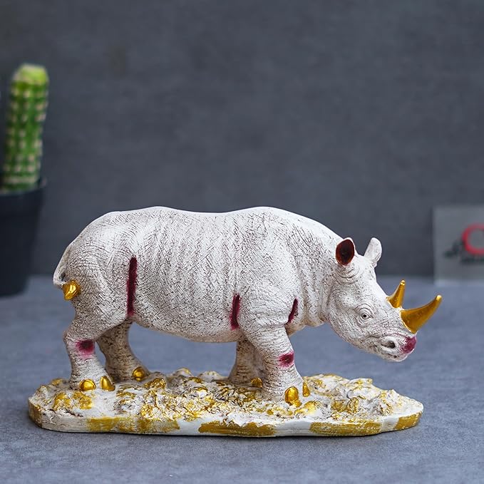 Ecraftindia White Polyresin Rhinoceros Statue With Golden Horns Animal Figurine