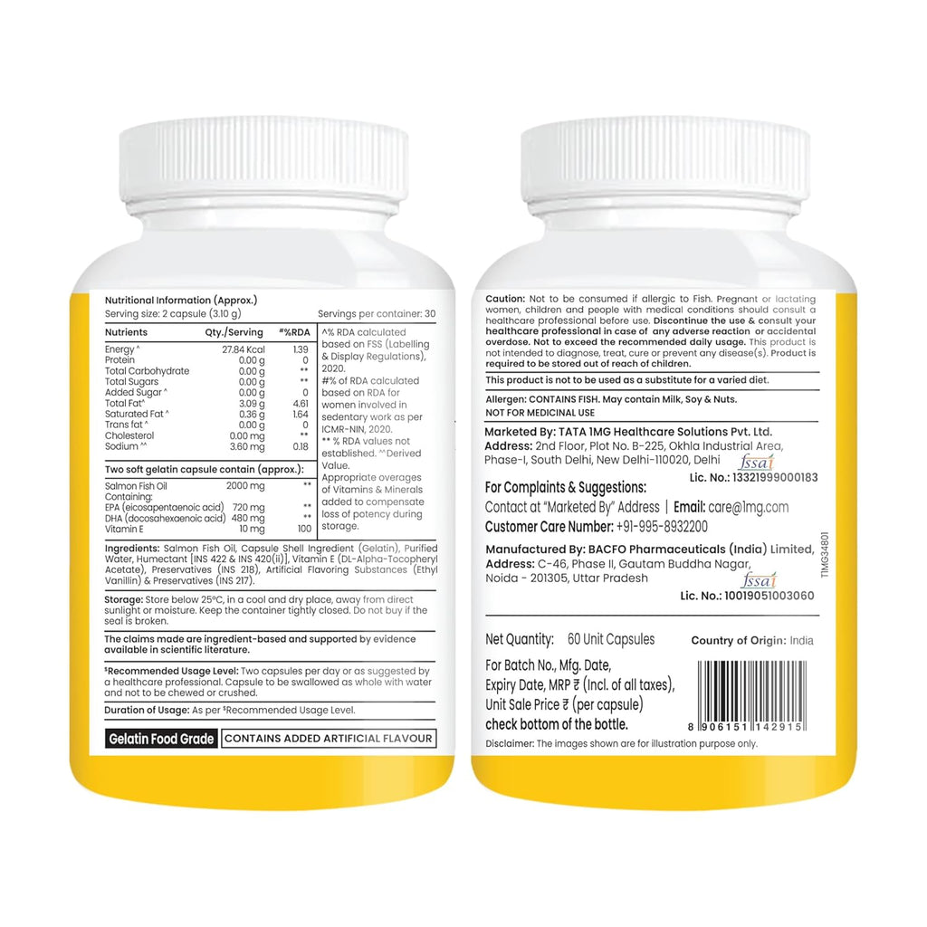 Tata 1mg Salmon 4X Omega | Omega-3 Fish Oil for Heart, Eye & Brain Health | 2000 mg Salmon Fish Oil, 720 mg EPA, 480 mg DHA | 60 Capsules