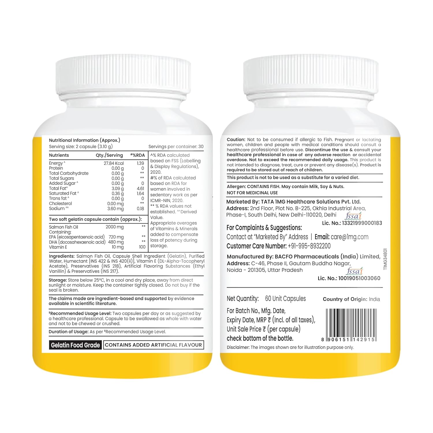 Tata 1mg Salmon 4X Omega | Omega-3 Fish Oil for Heart, Eye & Brain Health | 2000 mg Salmon Fish Oil, 720 mg EPA, 480 mg DHA | 60 Capsules