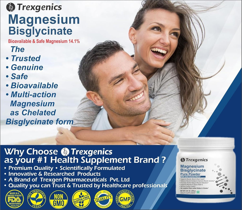 Trexgenics MAGNESIUM BISGLYCINATE PURE POWDER provides a highly bioavialble form of Magnesium, No Laxative effect, added benefits of the amino acid Glycine (Pack of 1)