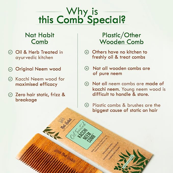 Nat Habit Kacchi Neem Comb Fine Tooth Styling & Wide Tooth Shampoo Combo, Soaked in 17 Herbs | Small Size