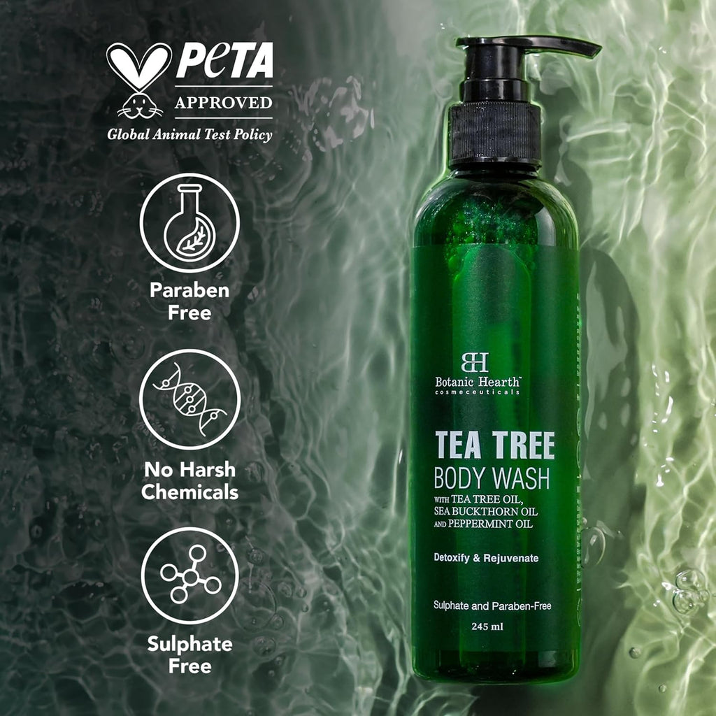 Botanic Hearth Tea Tree Body Wash with Sea Buckthorn Oil, Peppermint Oil | Detoxifies & Rejuvenates | Long Lasting Fragrance | Sulphate & Paraben Free | Shower Gel for Men and Women | 245ml