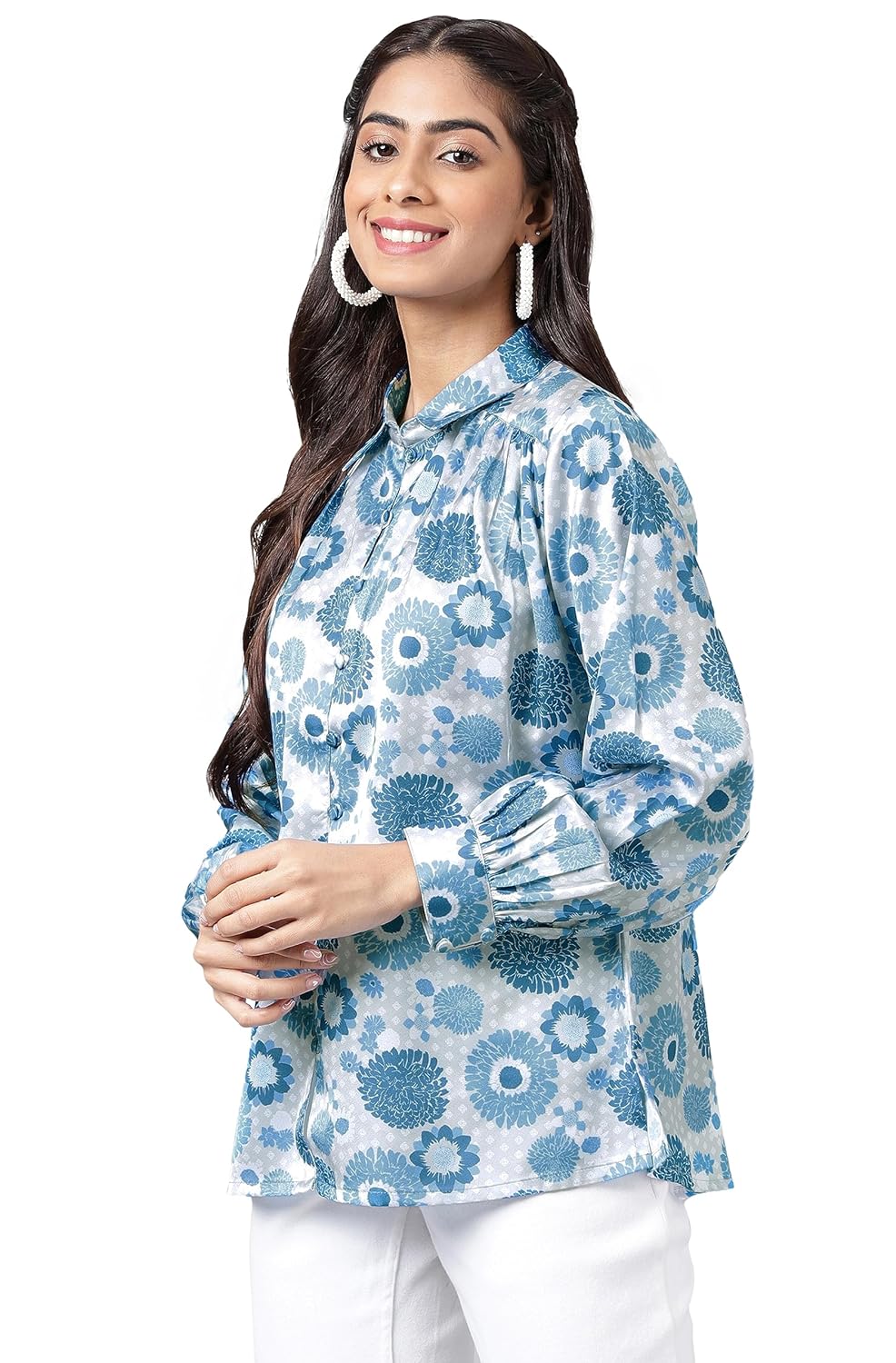 Janasya Women's Grey Satin Digital Floral Printed Shirt Style Top