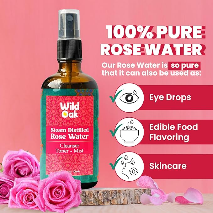 WildOak Steam Distilled Pure Food Grade Rose Water - 100 ml