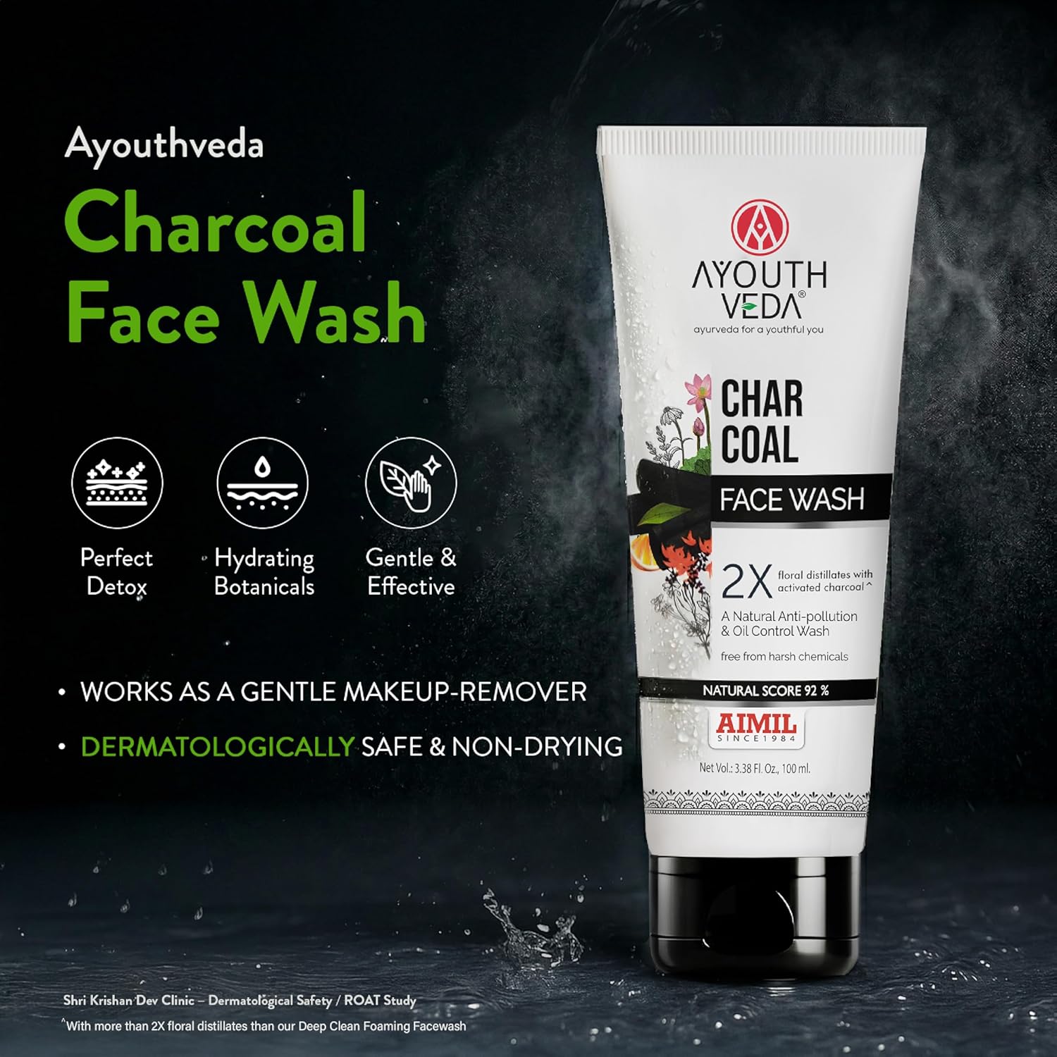 Ayouthveda Activated Charcoal Face Wash | Bamboo Charcoal & Floral Distillates | Deep Cleansing, Anti-Pollution, Oil Control & Brightening | Ayurvedic Non-Drying Cleanser | Maintains Skin Moisture Balance | For Men & Women | 100ml (Pack of 1)