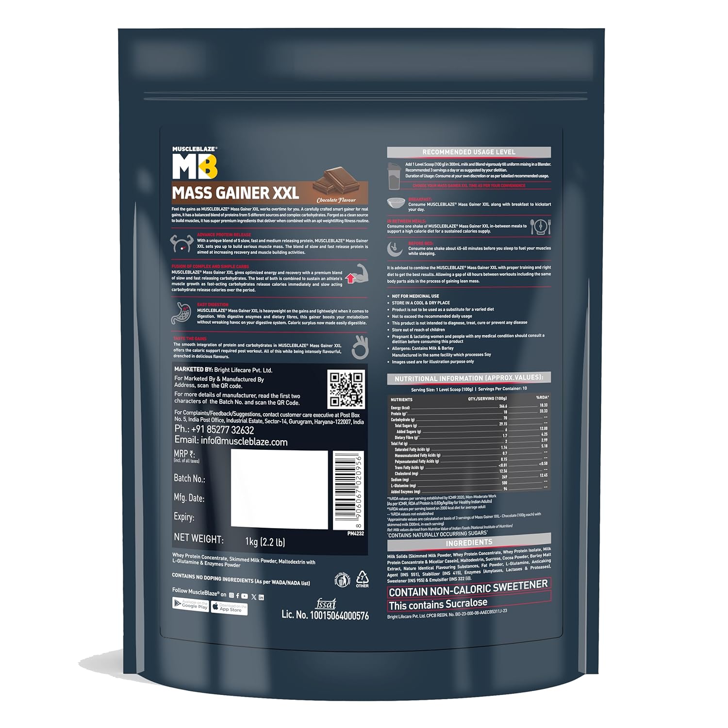 MuscleBlaze Mass Gainer XXL (Chocolate, 1kg / 2.2lbs, 10 Servings) | With Complex Carbs, High Protein & Digestive Enzymes