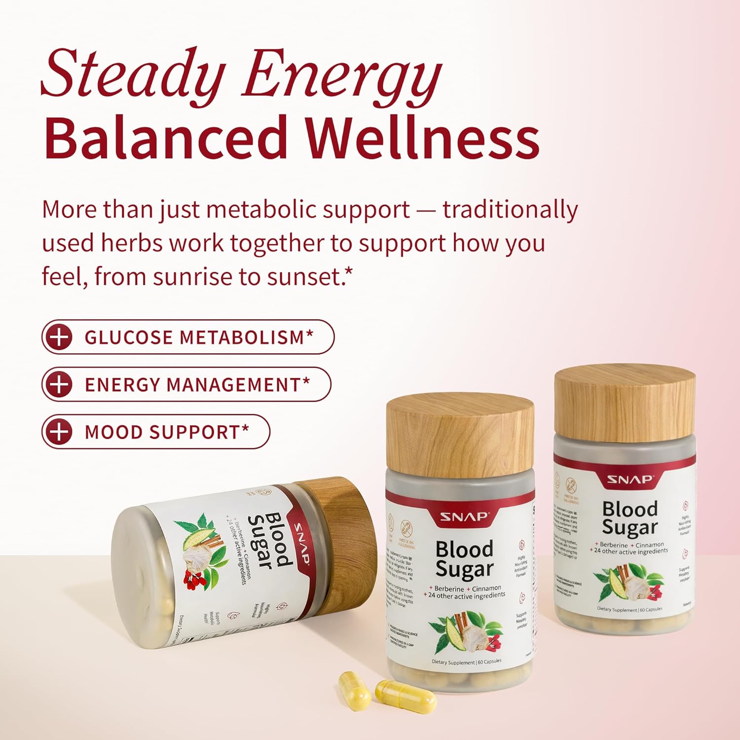 Snap Supplements Blood Sugar Blend with Berberine, CoQ10, Cinnamon, and Gymnema to Support Already Healthy Blood Sugar, Metabolic Health and Energy, Sugar Free, 60 Capsules (Packaging May Vary)