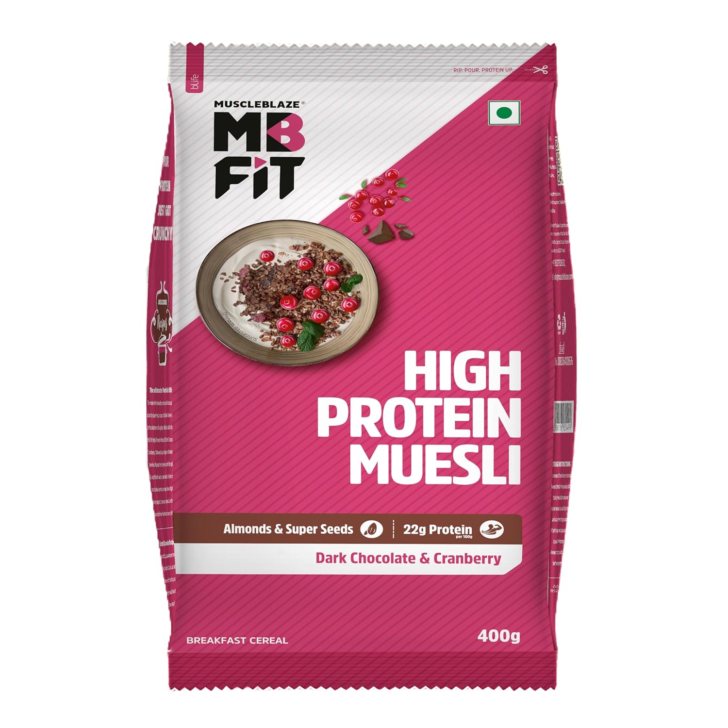 MuscleBlaze Fit High Protein Muesli, Dark Chocolate & Cranberry, 400g | 22g Protein | With Raisins, Almonds & Super Seeds,High Protein Breakfast Cereals