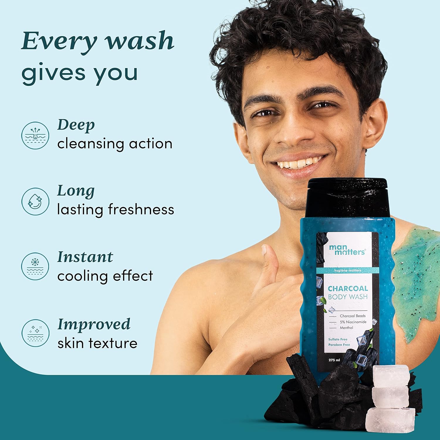 Man Matters 3 in 1 Action Charcoal & Menthol Body Wash | With Menthol, 5% Niacinamide & Activated Charcoal Beads | For Instant Cooling, Odor Protection & Improves Skin texture | 250ml