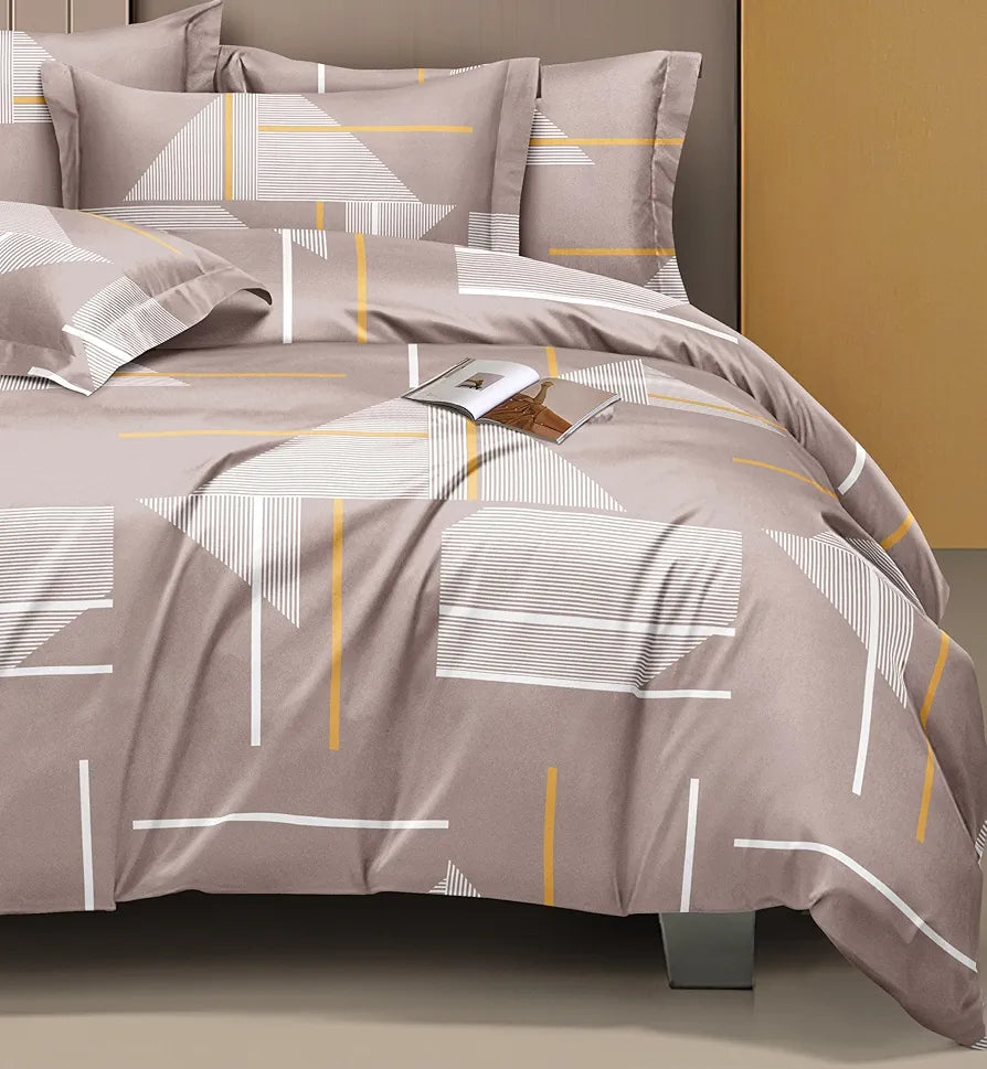The Home Style Cotton Elastic Fitted All Around Printed King Size Double Bed Bedsheet wih 2 Pillow Cover Sand Stone