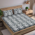 Trance Home Linen 100% Cotton 78"X72" Standard King Size Elastic Fitted Bedsheet Printed King Bed Size with 2 Pillow Covers 200 tc Ginkgo Leaves Colour Grey White
