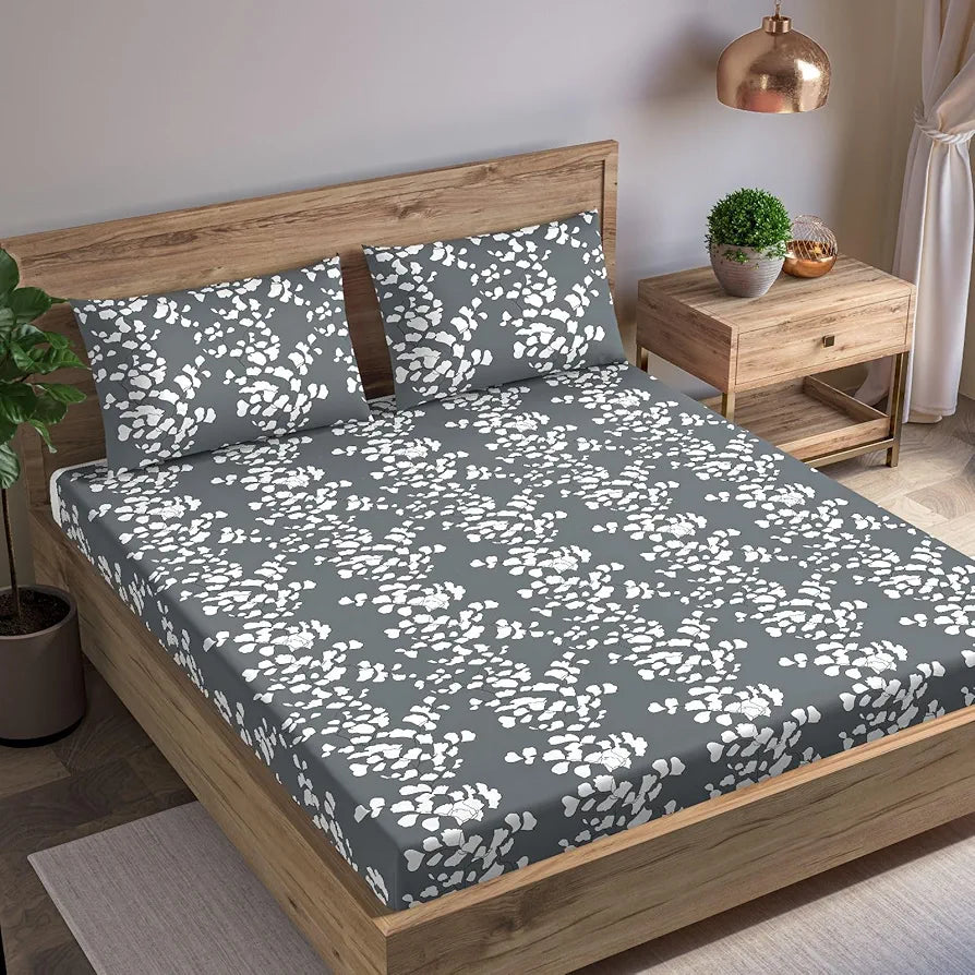 Trance Home Linen 100% Cotton 78"X72" Standard King Size Elastic Fitted Bedsheet Printed King Bed Size with 2 Pillow Covers 200 tc Ginkgo Leaves Colour Grey White