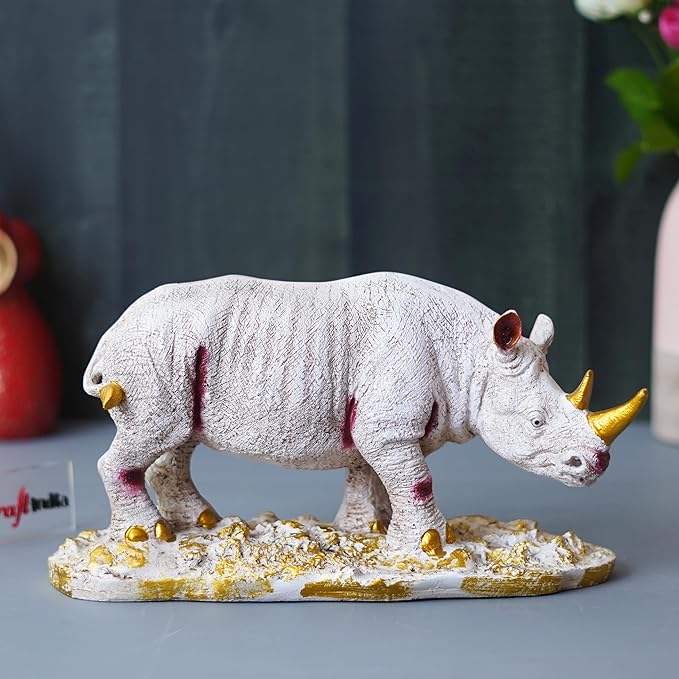 Ecraftindia White Polyresin Rhinoceros Statue With Golden Horns Animal Figurine