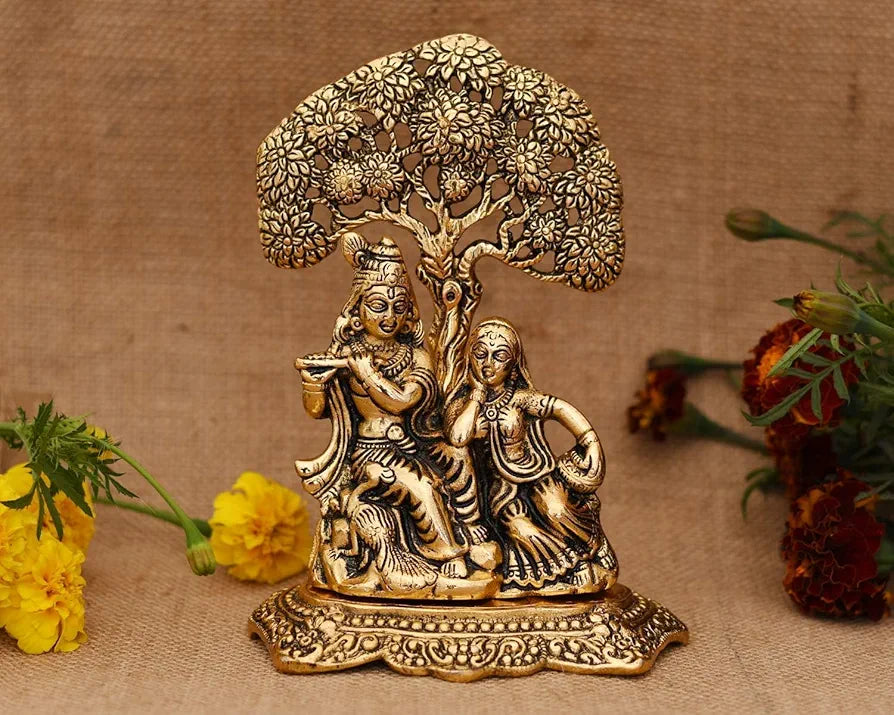 Chhariya Crafts Metal Radha Krishna Sitting Under Tree Plying Flute Decorative Showpiece for Home and Office Decor - 14 cm