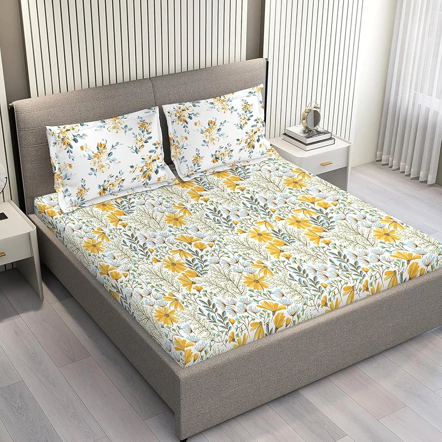 Layers Illuminating Homes Cotton Bedsheet Set for All Seasons Lightweight 144 TC Queen Size Yellow Floral