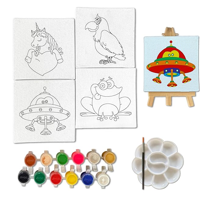 Mini Leaves Mini Canvas Craft Art Paint Kit for Beginner With Wooden Easel, Colours, Painting Brush for Girls Boys 4-6 Years Diy Kit | Set of 4 | Abstract Theme