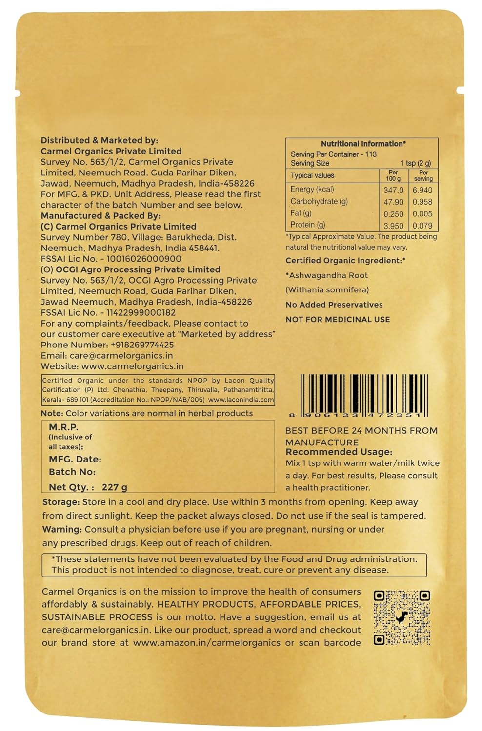 CARMEL ORGANICS Ashwagandha Root Powder (227 Grams)|Jaivik Bharat Certified|Pure|Natural|Helps Fight Anxiety & Stress|Ashwagandha Podi/Amukkara Kizhangu/Asvagandha Churna