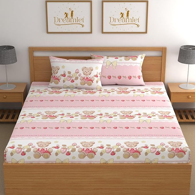 Dreamlet 180tc Cotton Feel All Around Elastic Fitted Bedsheets King Size for Double Bed With 2 Pillow Covers | Pink & White