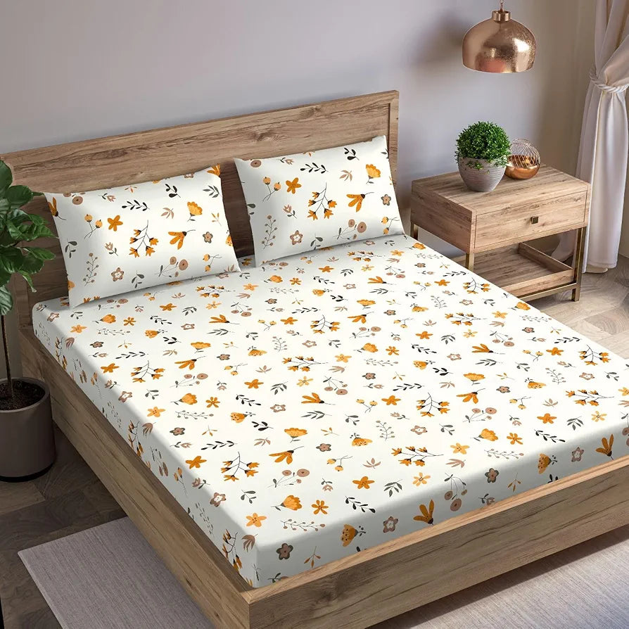 Trance Home Linen 180Tc 100% Cotton 75"X60" Double Bed Size Elastic Fitted Bedsheet With 2 Pillow Covers 200 tc  Colour Soloce Peach