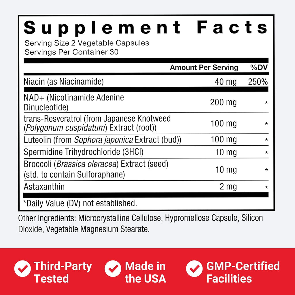Force Factor NAD+ (NMN or Nicotinamide Riboside Alternative) with Resveratrol, Astaxanthin, Spermidine & Luteolin Complex, NAD to Support Cellular Health & Healthy Aging, 60 Capsules