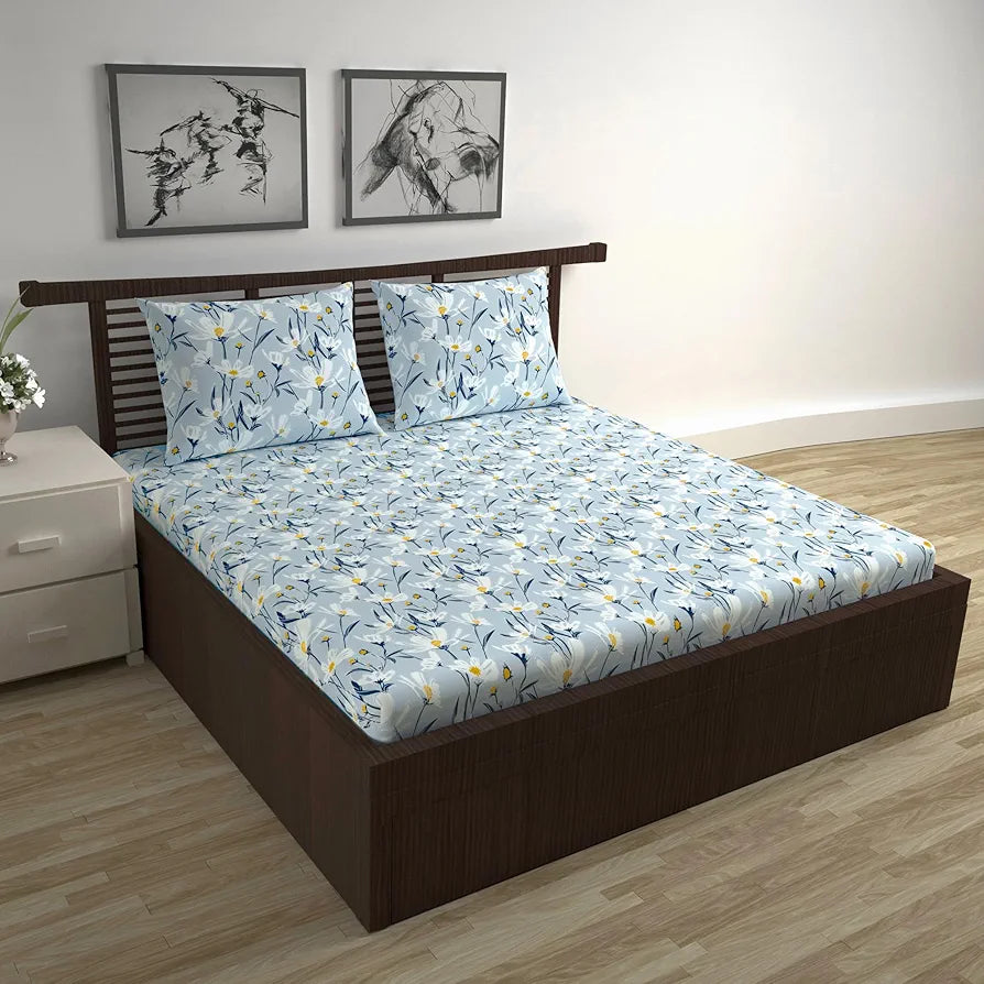 Divine Casa Floret 100% Cotton Double Fitted Bedsheet 144 TC Colour Water Orchid