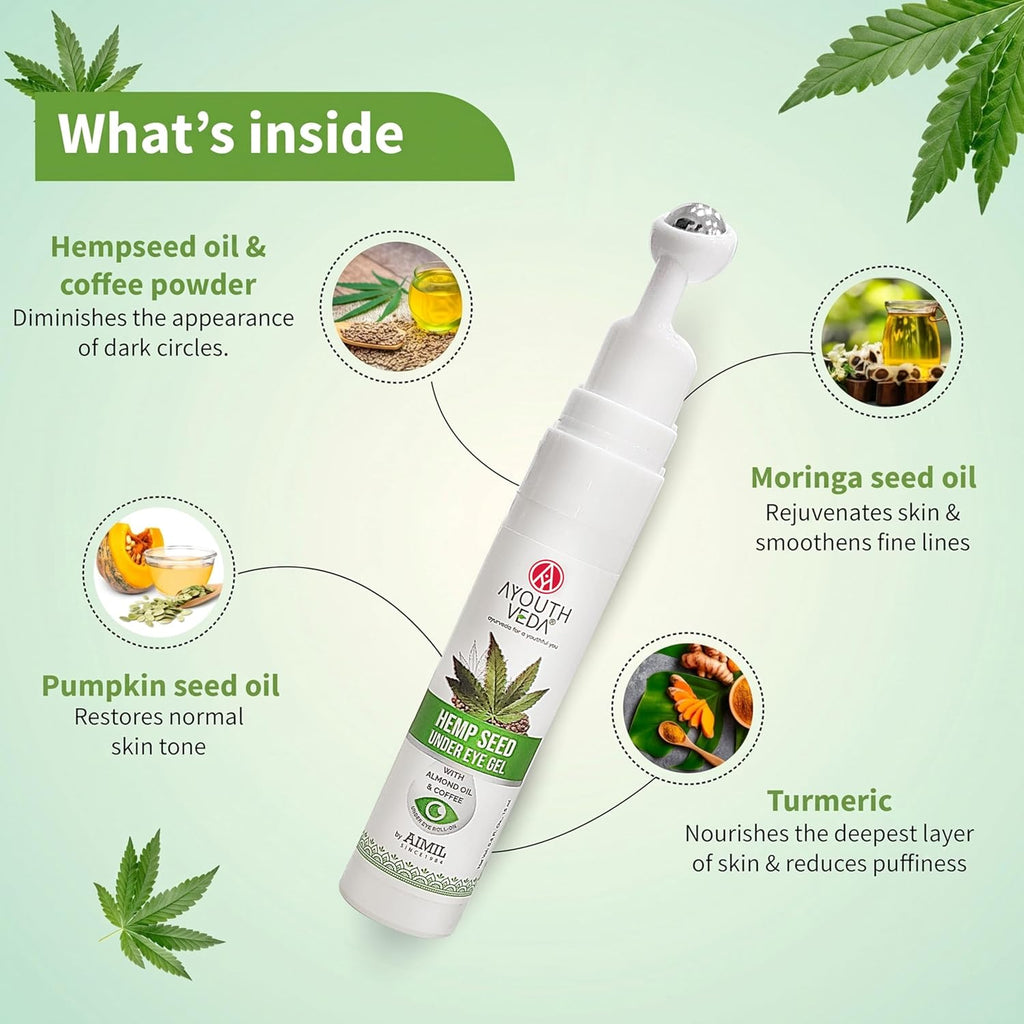 Ayouthveda Hemp Seed Under Eye Gel with Cooling Massage Roller|For Puffy Eyes, Dark Circles, Wrinkles & Fine Lines|With Hemp Seed Oil, Almond oil & Coffee| (Pack of 1;15ml)