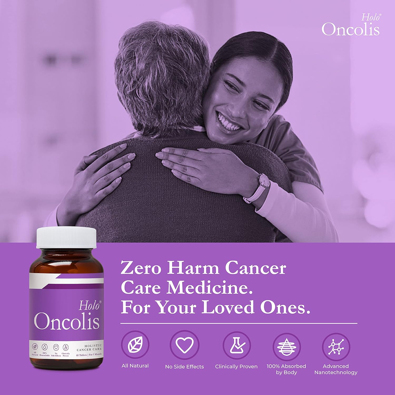 Holo ZEROHARM HoloOncolis | Holistic Cancer Care Tablets | All-natural | 100% Water Soluble Curcumin and Plant-based Ingredients | Anti-inflammation, Anti-depression| 60 Vegetarian Tablets