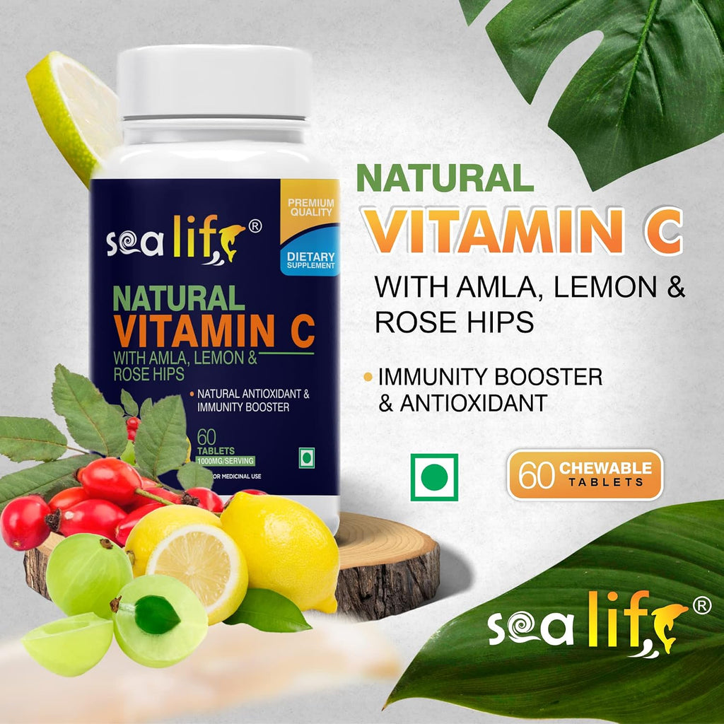 Sea Life Natural Vitamin C 1000 mg (60 Veg Tablets) sourced from 100% Natural Amla, Lemon & Rose Hips Extracts | Promotes Glowing Skin | Immunity Booster & Antioxidant | _Parent (Pack of-1)