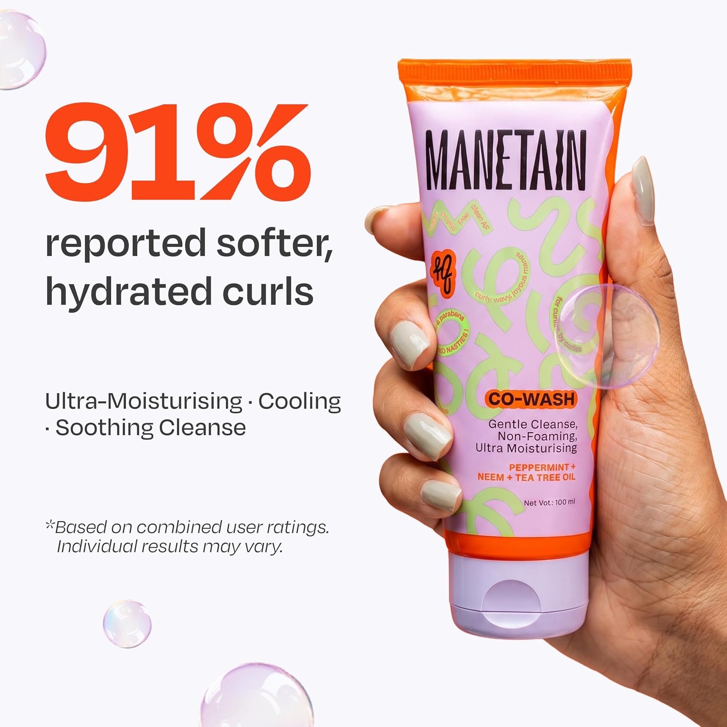 Manetain Co-Wash for Curly Hair - 100ml | 2 in 1 Shampoo & Conditioner | Non-foaming | Sulphate and Paraben Free | CG Friendly | Suitable for Dry and Frizzy Hair