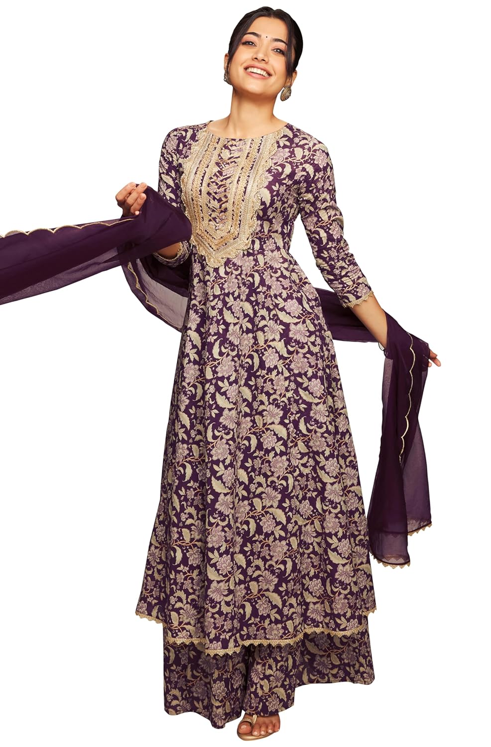Janasya Women's Voilet Cotton Floral Printed Kurta with Palazzo and Dupatta