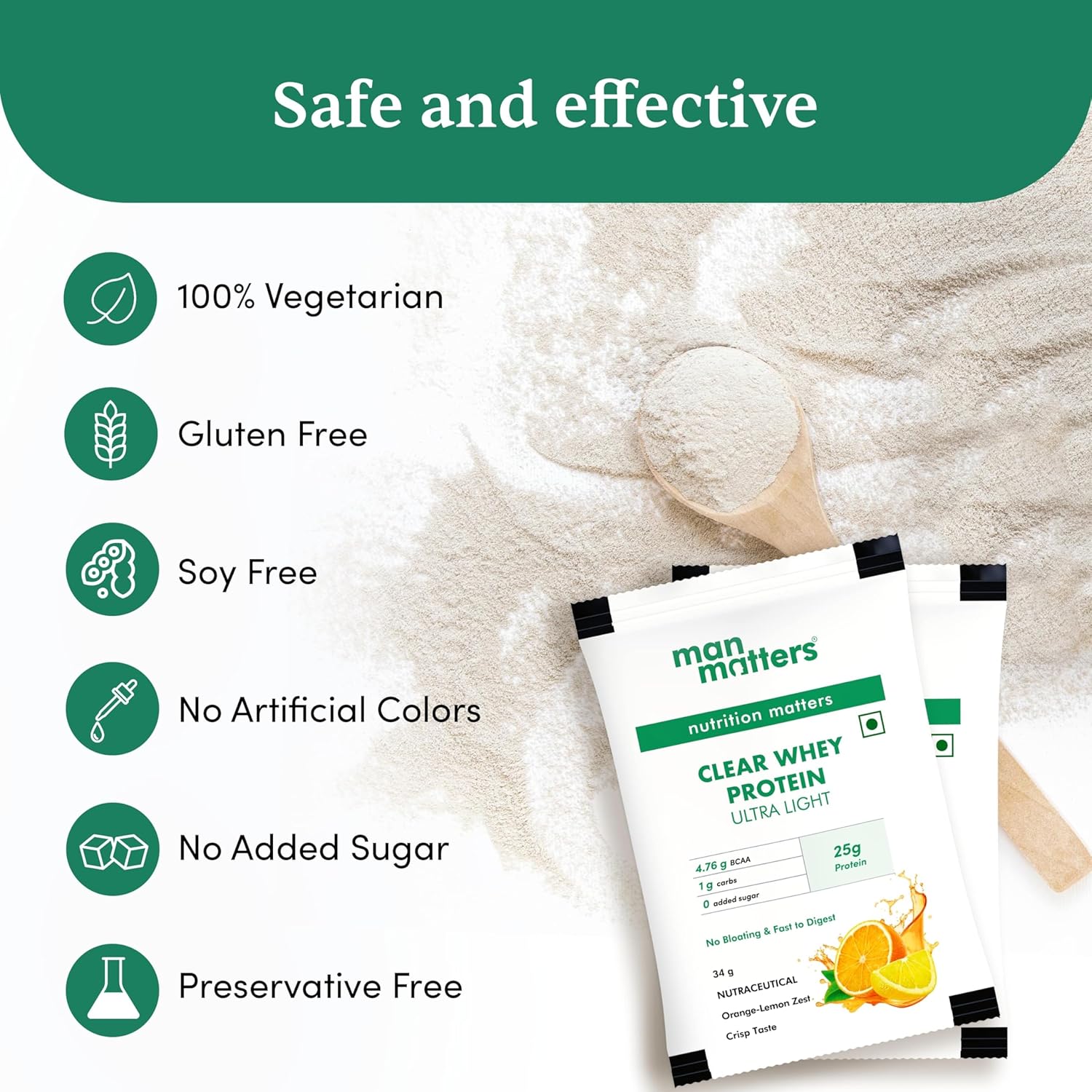Man Matters Clear Whey Protein Powder (Orange Flavour) | No Added Sugar | For Muscle Support & Recovery | Ultra Light Formulation | 170g (34g x 5 Sachet) | Vegetarian & Gluten Free