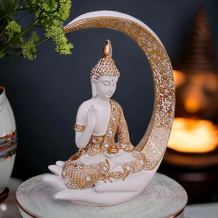 Neelaya Antique Big Meditating Moon Buddha Statue Showpiece Buddha Idol Polyresin Figurine White Gold