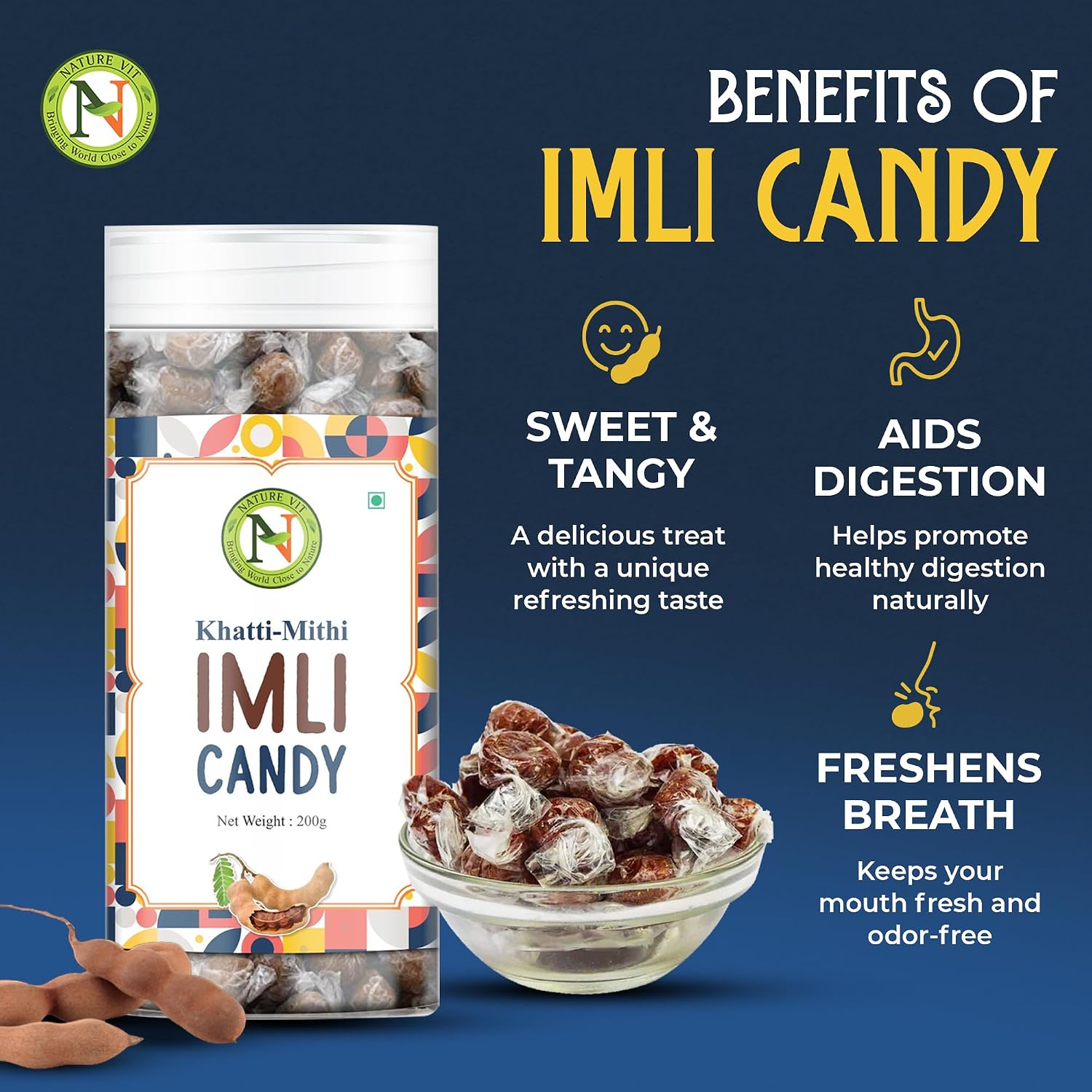 NatureVit Imli Candy 200g | Khatti Meethi Imly, Chulbuli Emli Tamarind Twist Candy, Twisted Emly | Tamarind Candy Soft Chewy Digestive Treat