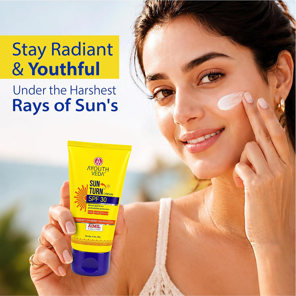 Ayouthveda Sun Turn Cream SPF 30 PA+++ Sunscreen | Hydrating Sun Protection with Hyaluronic Acid, Mulberry, Cranberry & Grapefruit | Broad Spectrum UVA/UVB Defense | Non-Greasy, Water-Resistant Sunscreen for Face & Body | 60g