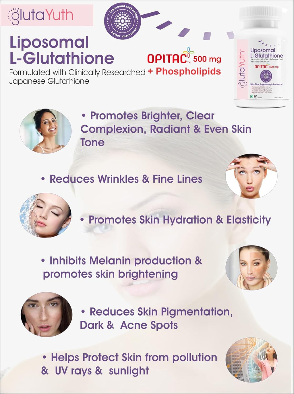 Liposomal OPITAC 500 JAPANESE L-Glutathione 500 mg with Phosphatidylcholine Phospholipid Technology Youthful Skin, Glow, Radiance Complex (30 Veg Capsules) (Pack of 1)