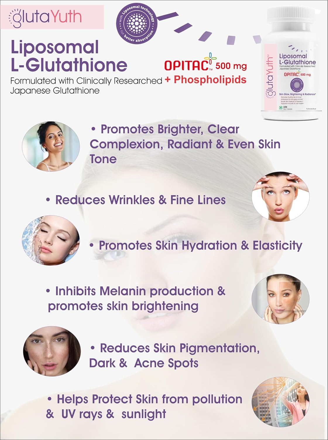 Liposomal OPITAC 500 JAPANESE L-Glutathione 500 mg with Phosphatidylcholine Phospholipid Technology Youthful Skin, Glow, Radiance Complex (30 Veg Capsules) (Pack of 1)