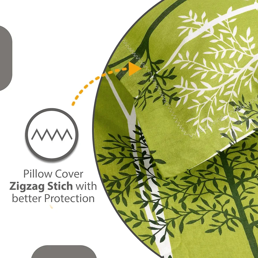 Divine Casa 144 TC 100% Cotton King Bedsheet with 2 Pillow Covers Floral Pattern Colour Tree Green