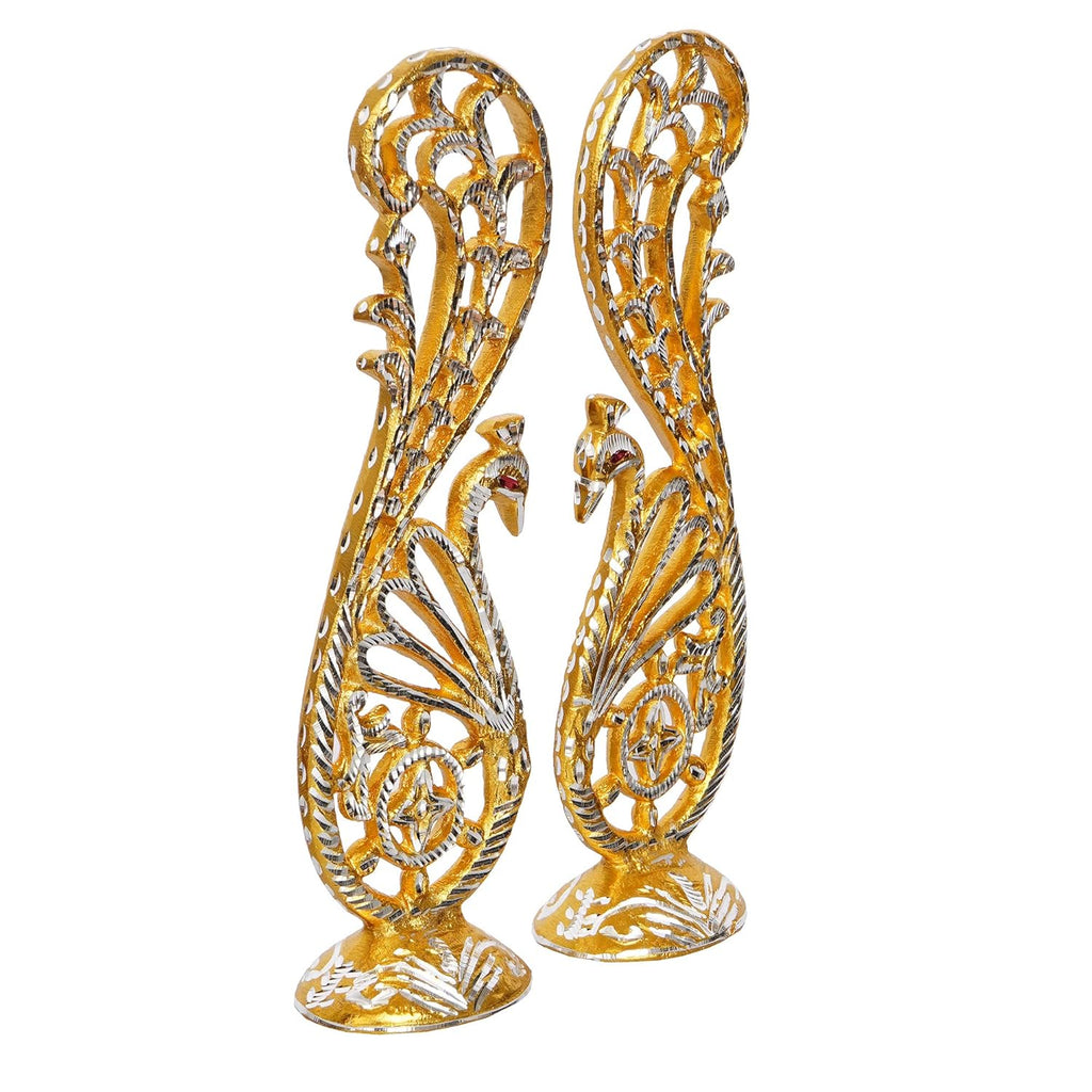 Ecraftindia Golden and Silver Metal Handcrafted Peacock Couple Statues Decorative Birds Figurines Showpieces