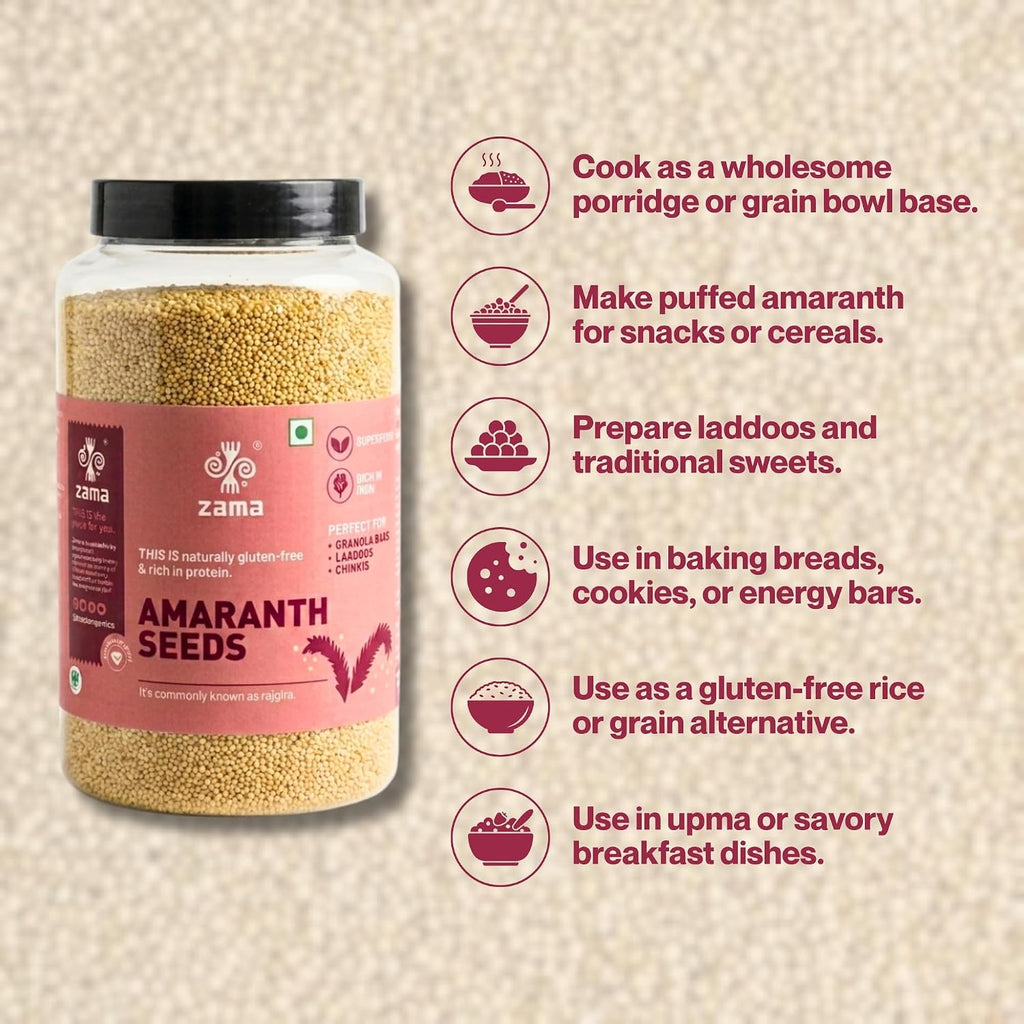 Zama Organics Amaranth Seeds 1Kg Jar | Rich in Fiber & Protein | Keto Friendly | Gluten free, Calcium Rich | No Cholesterol | Rajgira Seed | Best for soups, chapati, salads