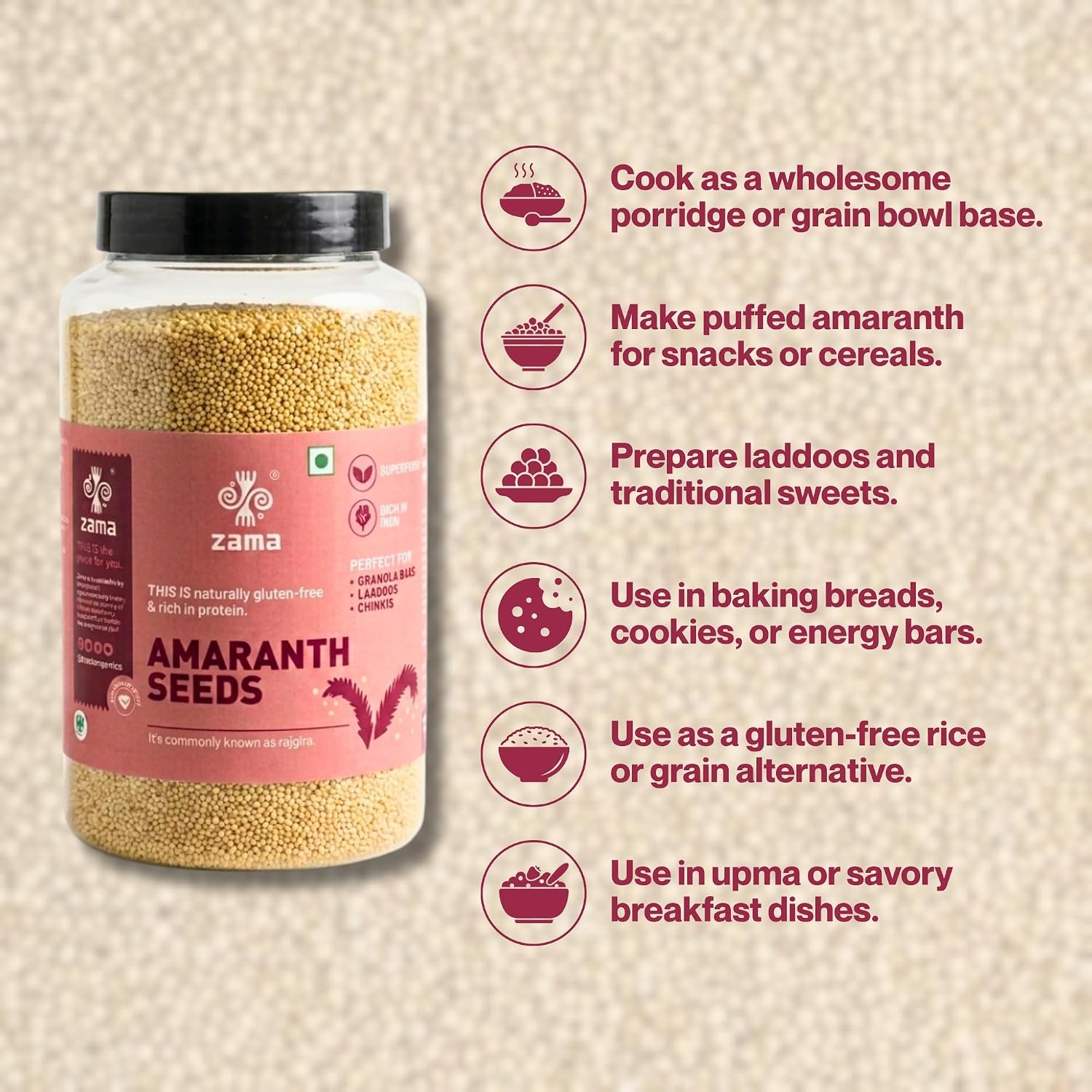 Zama Organics Amaranth Seeds 1Kg Jar | Rich in Fiber & Protein | Keto Friendly | Gluten free, Calcium Rich | No Cholesterol | Rajgira Seed | Best for soups, chapati, salads